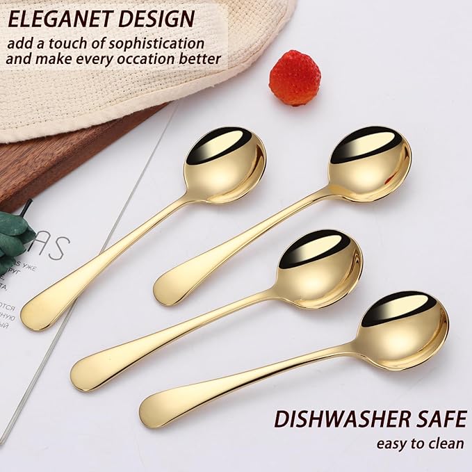 7" Round Soup Spoons Set of 4,18/10 Stainless Steel Heavy Duty with Deep Bowl,Fine Mirror Polished,Dishwasher Safe(Gold)