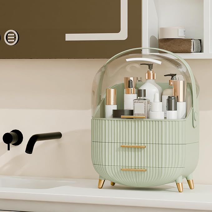 Makeup Organizers and Storage, Make up Organizer for Vanity Cosmetics Skincare Organizers With Lid and Drawers Display Cases for Countertop（Light Green）-BrightBean Baby