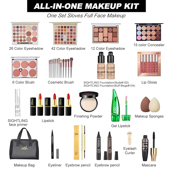 All in One Makeup Kit for Women Full Kit, Travel Makeup Kit, Makeup Gift Set for Women & Girls, Makeup Essential Bundle Include Foundation Eyeshadow Palette Lipstick Eyebrow Pencil Cosmetic Brush Set-BrightBean Baby