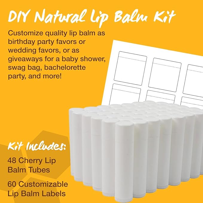 Nature's Bees - DIY Bulk Lip Balm Kit, Natural Cherry Flavor - 48 Blank Lip Balm Tubes w/ 60 Labels - Easy to Use - Customizable Templates - Beeswax, Cocoa Butter, Coconut Oil, Aloe - .15 oz (4.2g)-BrightBean Baby