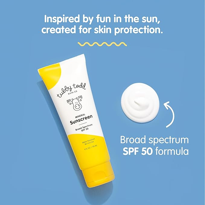 TUBBY TODD Mineral Sunscreen SPF 50 - Broad Spectrum Sunscreen Lotion for Kids - Water-Resistant for 80 Minutes - Safe for Sensitive Skin - Non-Greasy Feel - 2 Pack, 4 Fl Oz-BrightBean Baby