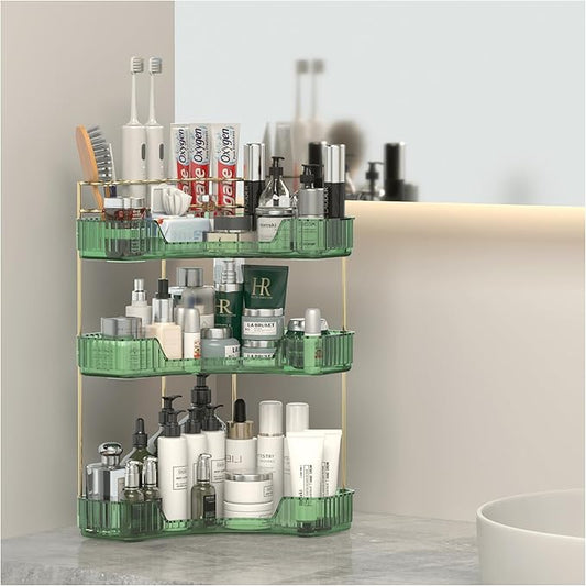 3 Tier Corner Bathroom Organizer Countertop, Vanity Makeup Organizer with Brush Holder, Space-Saving Skincare Storage Corner Shelf for Bathroom, Dressing Table, Kitchen-BrightBean Baby