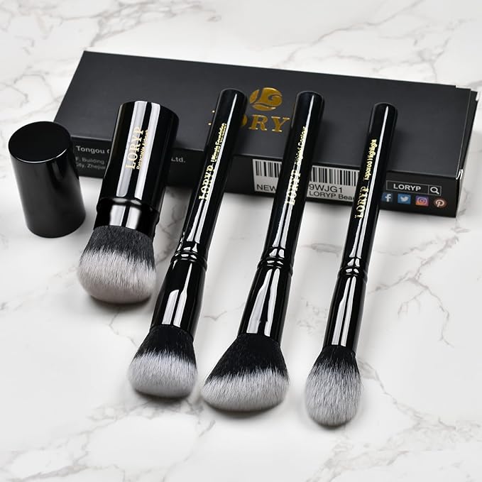 LORYP 4 Pcs Full Face Professional Makeup Brushes Set with Retractable Kabuki Airbrush For Powder,Liquid,Cream,Angled Blush Brush, Foundation Brush, Tapered Highlight Brush-BrightBean Baby