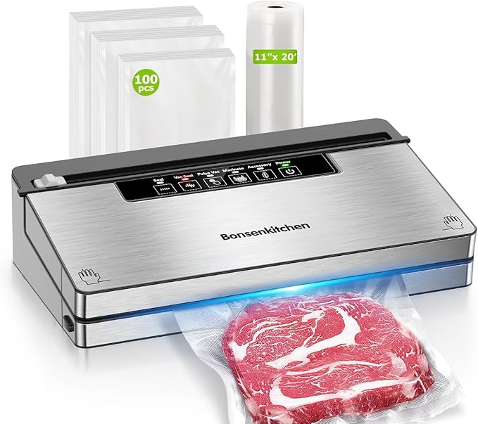 Bonsenkitchen Vacuum Sealer Machine, Stainless Steel Food Sealer Vacuum Sealers with 100 Bags & 1 Roll Bag, 5 Food Vacuum Modes, Built-in Cutter & Bag Storage, Silver-Black