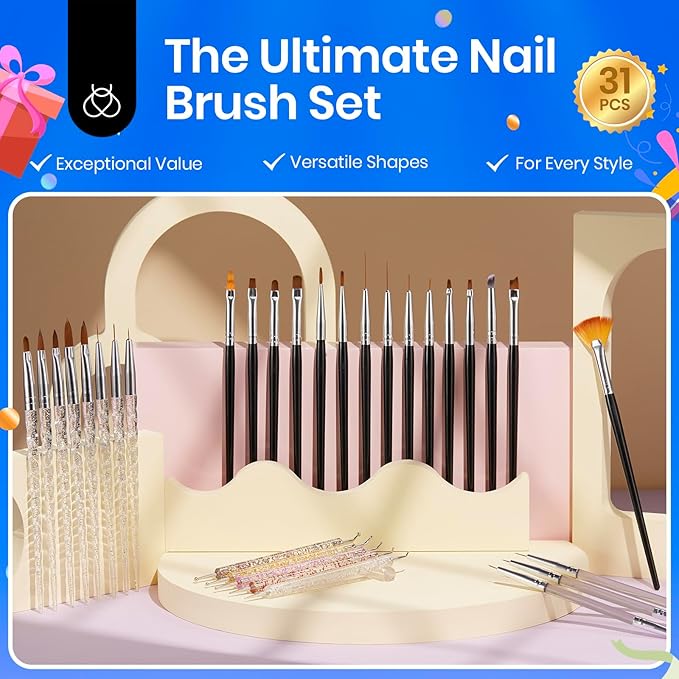 Beetles 31pcs Nail Art Brushes, Dotting Tools, Nail Art Pens, Dust Brush, Striping Liner Fingernail Drawing Pens with Palette Holder All in One for Starter Manicure Design Set-BrightBean Baby