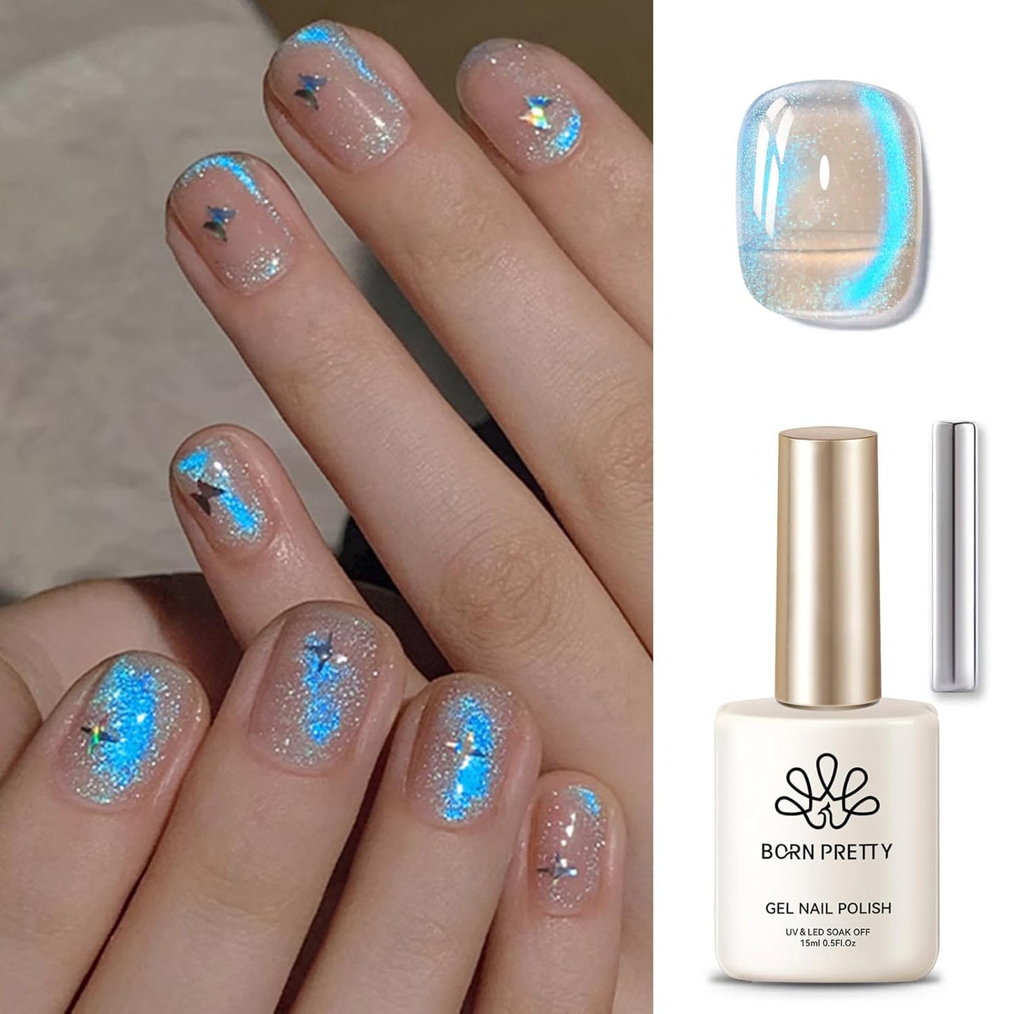 Born Pretty Cat Magnetic Eye Gel Nail Polish, Blue Auroras Cat Magnetic Gel, Mermaid Shiny Effect Pink Soak Off Nail Art Salon Manicure Home Gift 15ml-BrightBean Baby