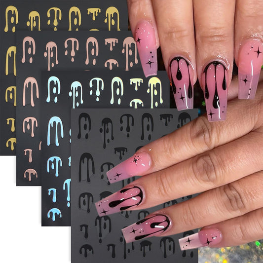 4pcs Halloween Nails Art Stickers -3D Self-Adhesive Nails Supply Black Gold Rose Gold Blood Dropping Design Y2K Scary Blood Nail Decals Sliders Halloween Laser Sliver Bloody DIY Manicure Decor-BrightBean Baby
