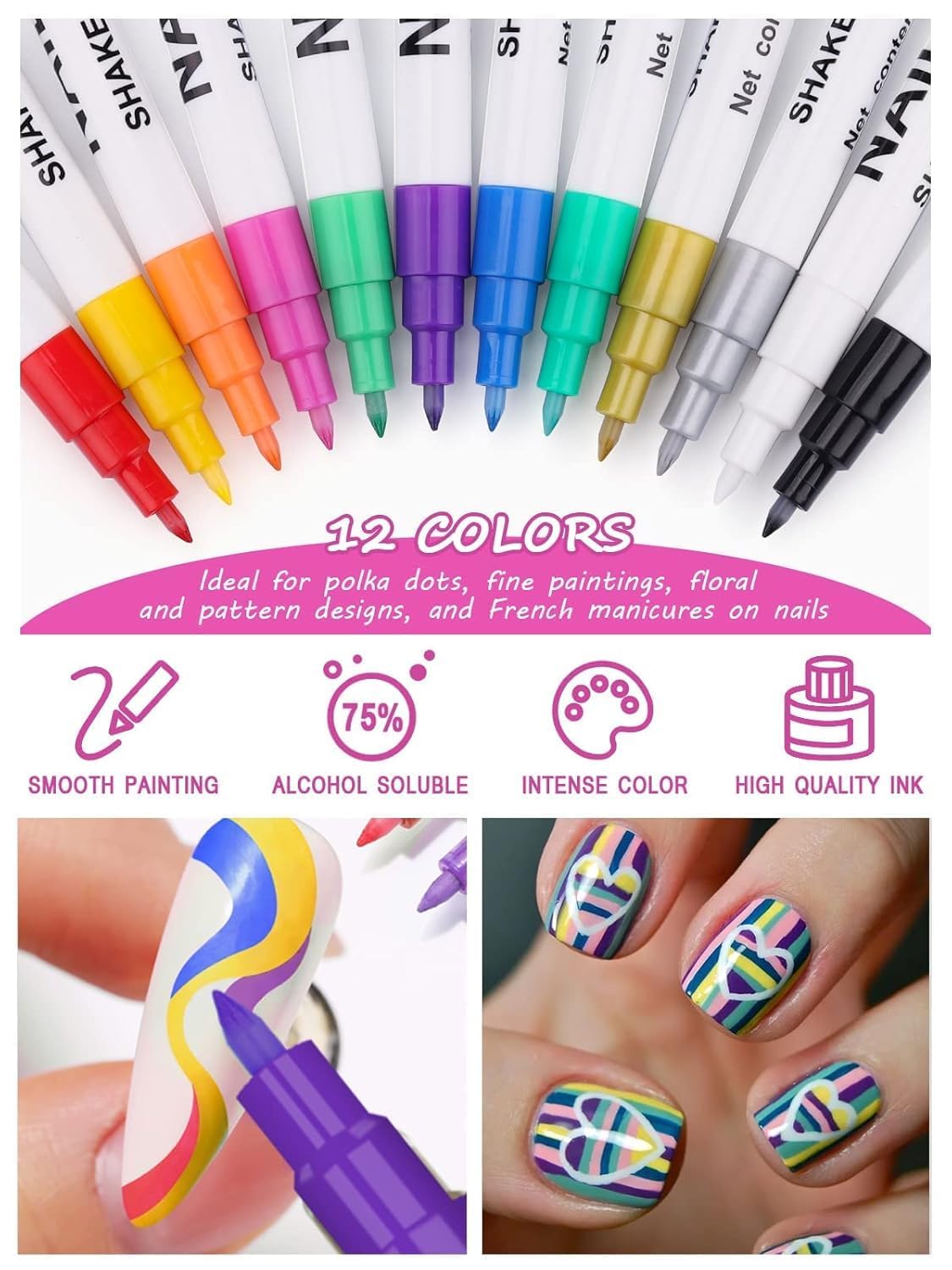 Kalolary 12 Color 0.7MM Nail Art Pens Set, 3D Nail Polish Pens Nail Point Graffiti Dotting Pen Drawing Painting Liner Brush for DIY Nail Art Beauty Adorn Manicure Tools-BrightBean Baby