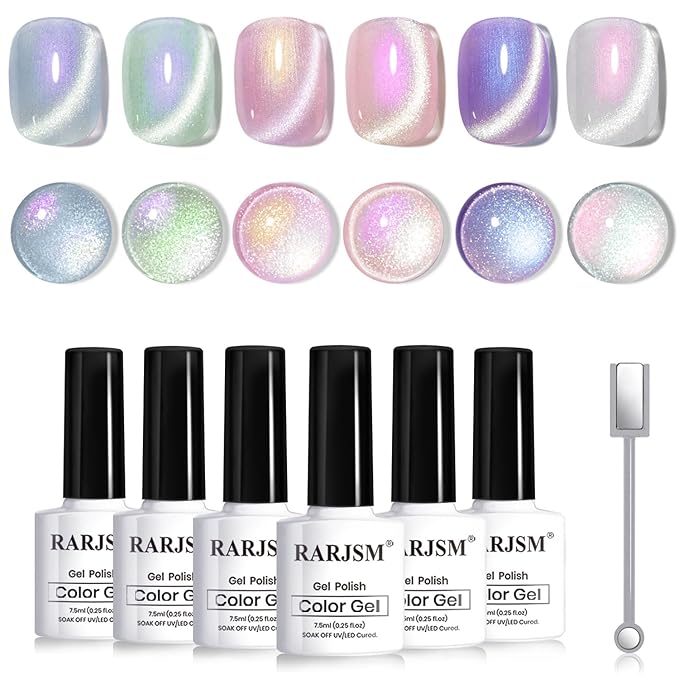 RARJSM Sparkle Diamond Pearl Cat Eye Gel Nail Polish Set 6pcs Velvet Silver Shimmer Pink Green Blue Purple White Glitter Mermaid Swirl Shell Thread Effect with Magnet Stick UV LED Curing Requires-BrightBean Baby