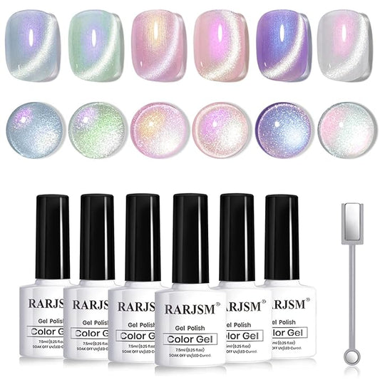 RARJSM Sparkle Diamond Pearl Cat Eye Gel Nail Polish Set 6pcs Velvet Silver Shimmer Pink Green Blue Purple White Glitter Mermaid Swirl Shell Thread Effect with Magnet Stick UV LED Curing Requires-BrightBean Baby