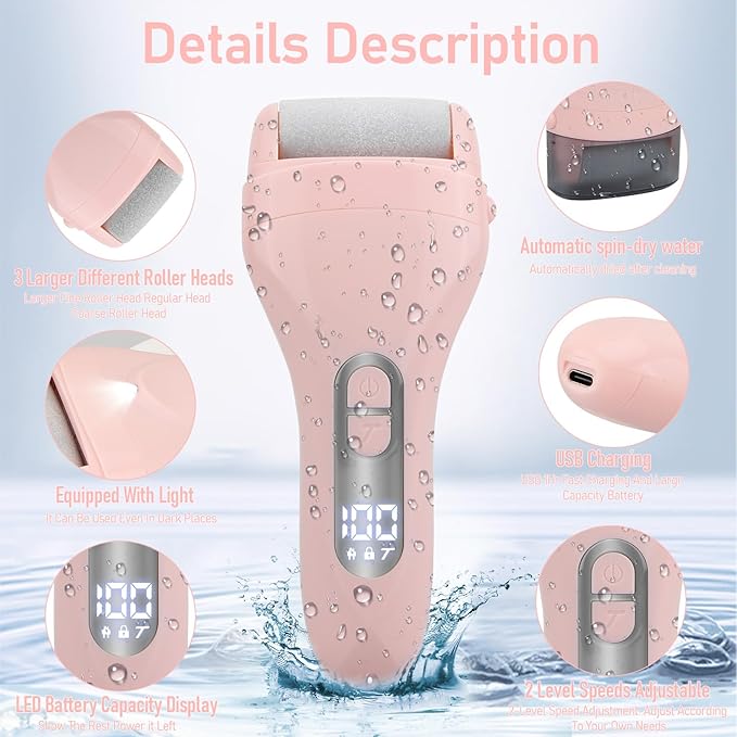 Electric Callus Remover for Feet - with 9pcs Larger Grinding Head, Portable Pedicure Kit Foot File Callus Remover, Rechargeable Waterproof Foot File for Foot Care Deadskin Remover LCD Display-Pink-BrightBean Baby