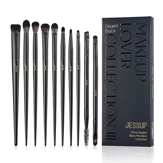 Jessup Eyeshadow Brush Set, 10Pcs Eye Makeup Brushes Professional for Blending Eye Shadow Liner Crease, Duo-end Brow Brush, Elegant Black T337-BrightBean Baby