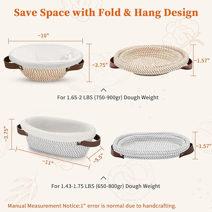 Aliggbent 38Pcs Sourdough Bread Baking Supplies – 11'' Oval & 10'' Round Cotton Rope Banneton Bread Proofing Baskets with Liners & Covers, Sourdough Starter Jar Kit, Scale, Bags & Bread Making Tools