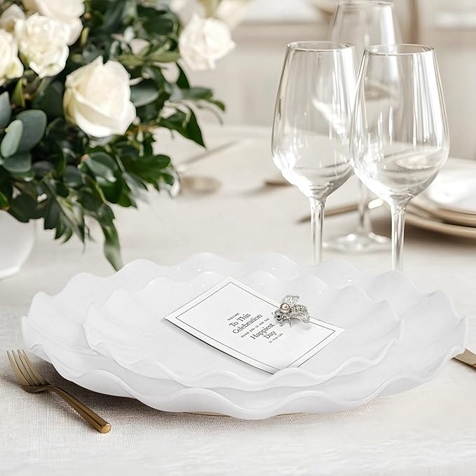 LIYH 50 Pcs White Scalloped Plastic Plates Reusable - Unbreakable Plastic Plates for Weddings Party Outdoor Picnics Dishwasher Safe BPA Free (25Guests)