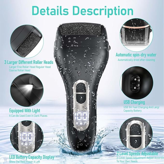 Electric Callus Remover for Feet - with 9pcs Larger Grinding Head, Portable Pedicure Kit Foot File Callus Remover, Rechargeable Waterproof Foot File for Foot Care Deadskin Remover LCD Display-Black-BrightBean Baby
