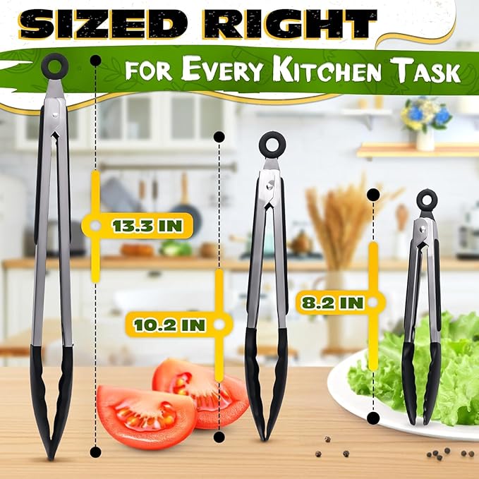 3Pcs Kitchen Tongs with Silicone Tips - Tong Set 7/9/12" | Silicone Tongs for Cooking Heat Resistant, High Temperature, Non Stick, Built-In Lock Ring - Stainless Steel Kitchen Utensils for Cooking