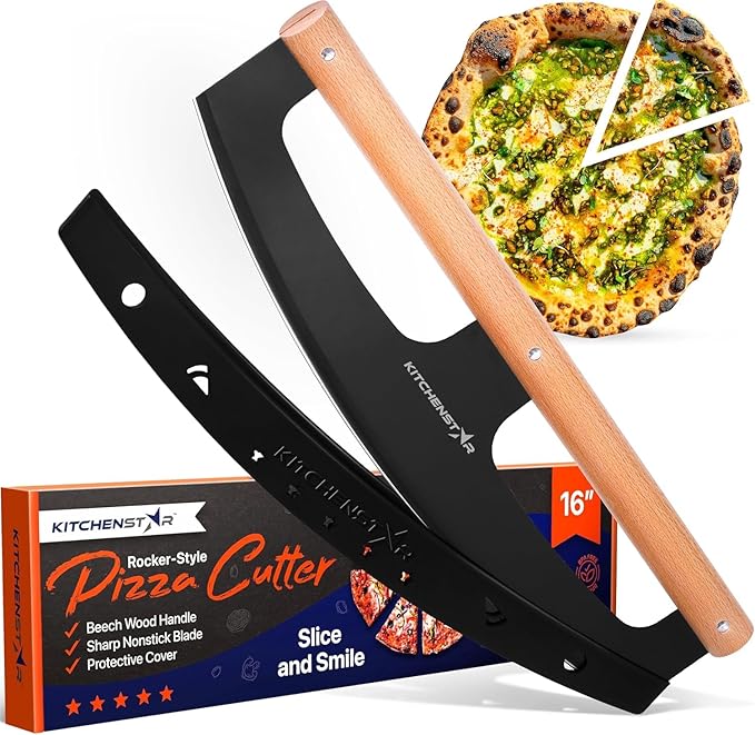 KitchenStar 16-Inch Pizza Cutter Rocker Blade - Razor Sharp Stainless Steel Slicer Knife, Stylish Beech Wood Handle, Protective Cover - Professional Pizza Oven Accessories, Black