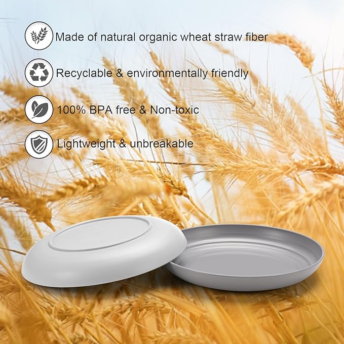 12 Pcs Unbreakable Deep Dessert Plates Set, 8 inch Reusable Plastic Wheat Straw Plates, Microwave and Dishwasher Safe Plate for Kitchen, Lightweight Plate for Dessert, BPA Free, Black
