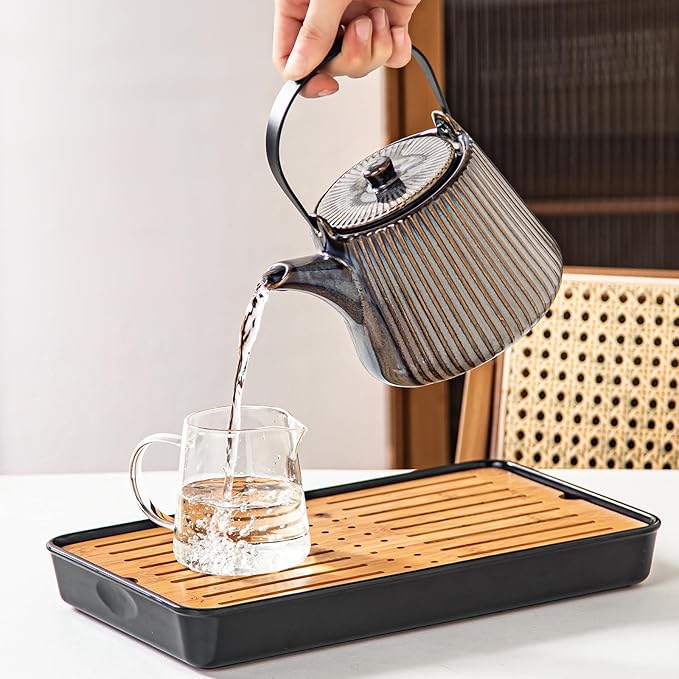 Yundu Brown Ceramic Teapots, 1000ml/33.8oz Tea Kettle, Enough for 4 Cups, Tea pot with infusers for loose tea, Striped Tea Pot with Removable Tea infuser