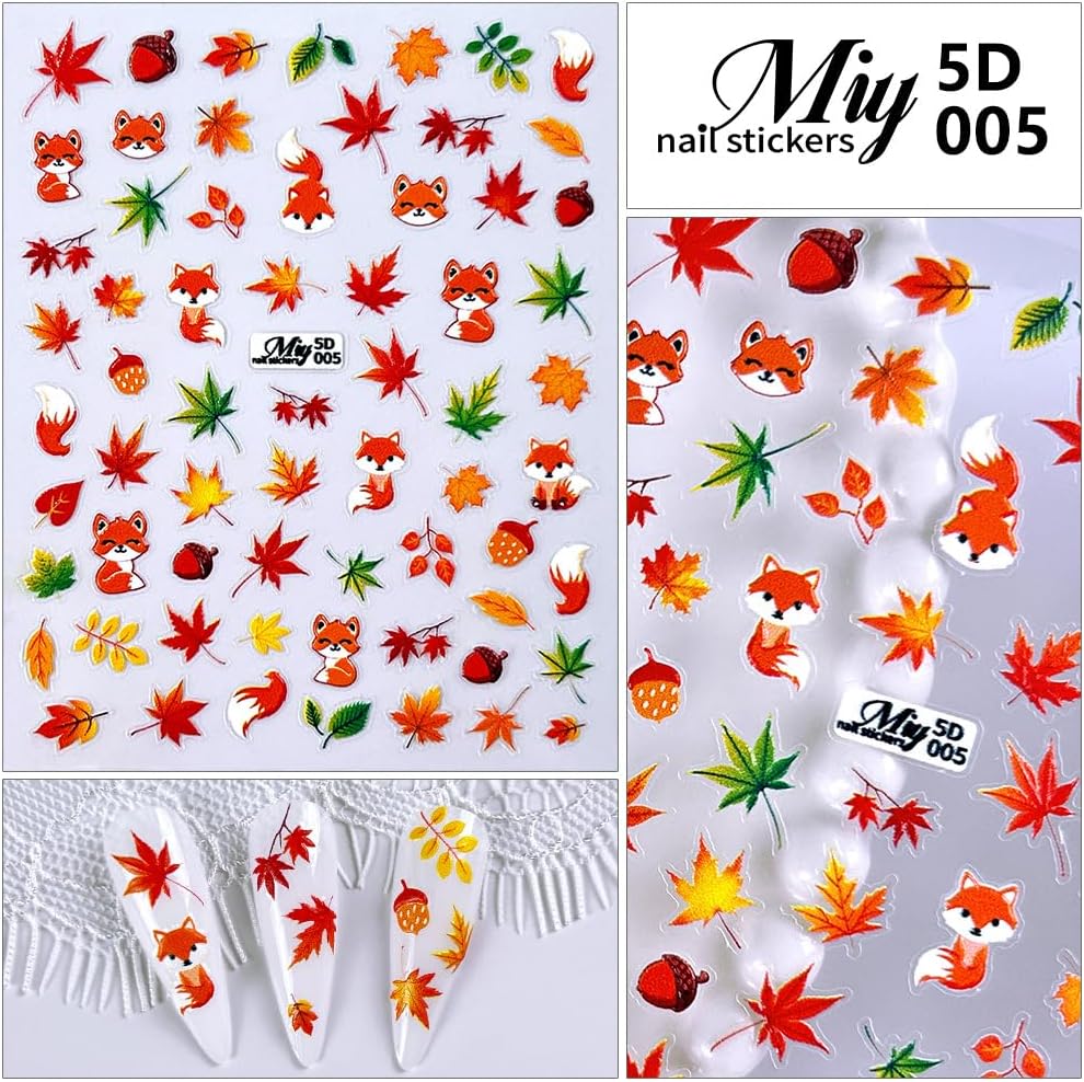 Fall Nail Art Stickers - 5D Miniature Sculpture Fall Pumpkin Nail Decals - 2PCS Manicure Maple Leaves Squirrel Mushroom Nail Art Supplies Autumn Acrylic Nail Art Decoration for Women-BrightBean Baby