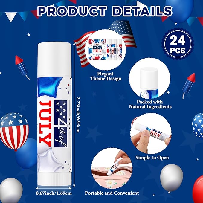 24 Pcs SPF 30 Lip Balm Bulk for Summer Wedding Baby Shower 4th of July Party Sunscreen Lip Balm Sticks Outdoor Travel Sunscreen Care Lip Balm for Thank You Gifts Party Supplies (4th of July)-BrightBean Baby