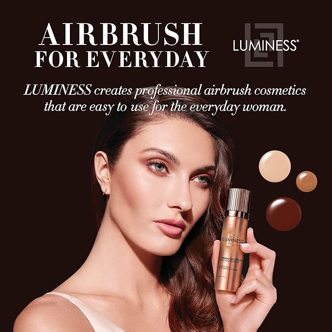 LUMINESS Silk Airbrush Spray Foundation & Buffing Brush Kit – Full Coverage Foundation & Dual-Sided Buffing Brush - Buildable Coverage, Anti-Aging Formula Hydrates & Moisturizes (Shade - Rich Dark)-BrightBean Baby