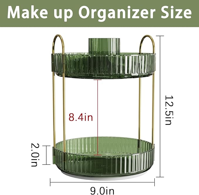 Rotating Makeup Organizer for Vanity, High-Capacity Skincare Clear Make Up Storage Perfume Organizers Cosmetic Dresser Organizer Countertop 360 Spinning (Green, New-2 Tier)-BrightBean Baby
