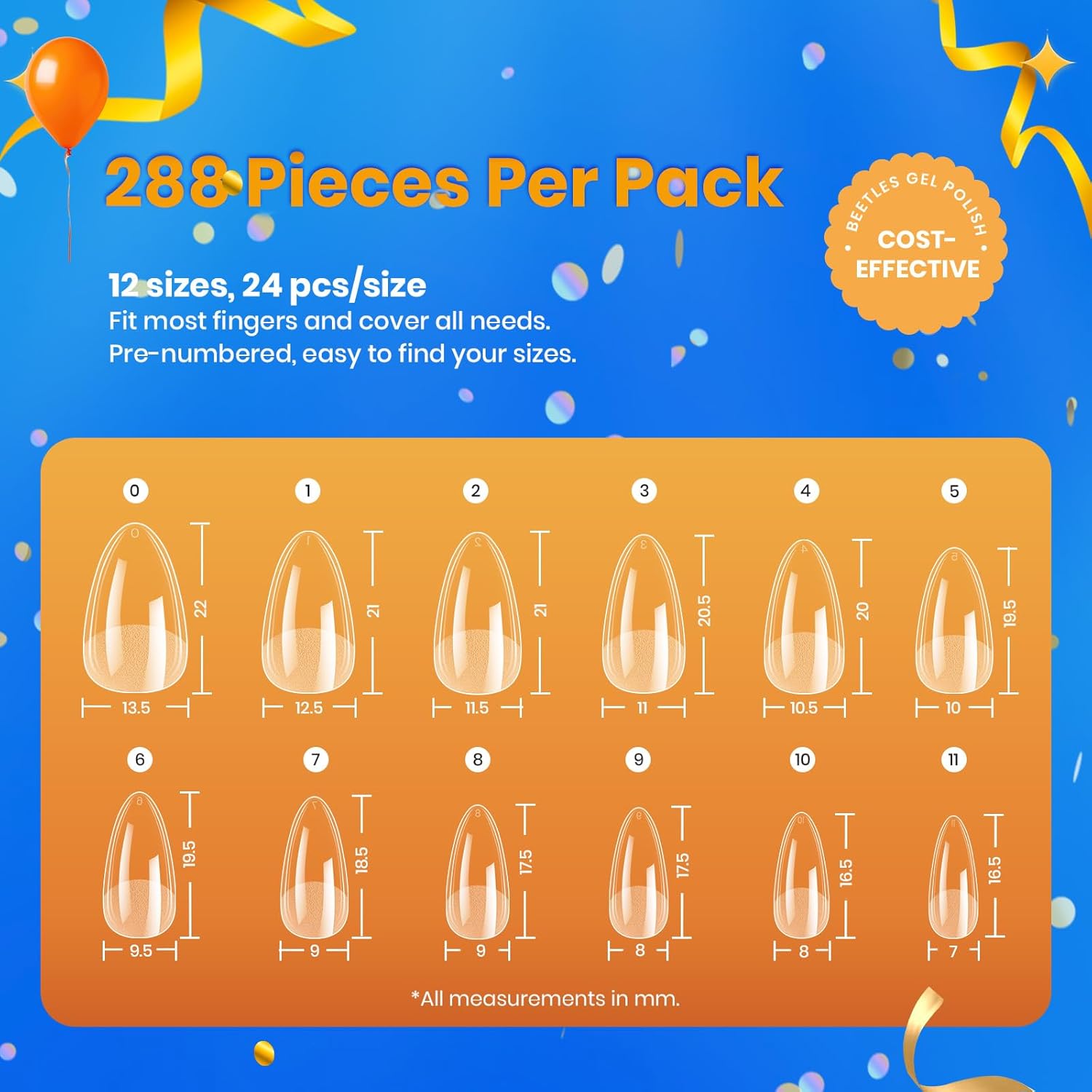 Beetles Short Almond Nail Tips: 12 Sizes 288 PCS Half Matte Full Cover Gel Tips Clear Acrylic Gel Nail Tips Almond Shape for DIY Extension-BrightBean Baby