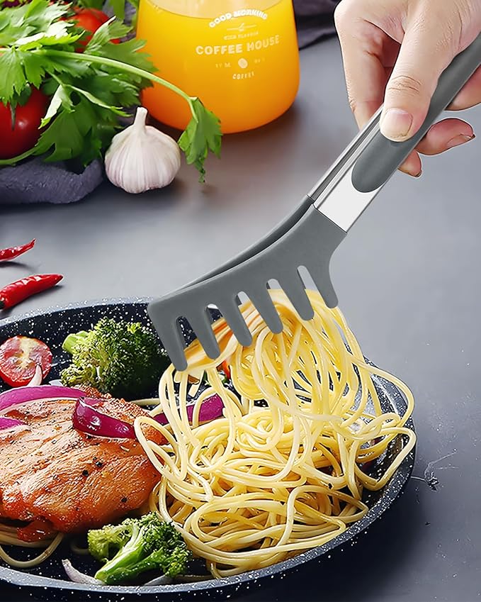 Spaghetti Spoon and Pasta Tong, Non-stick Silicone Spoon Server Fork With Teeth and Stainless Steel Handle, Food Clip for Noodles (Grey)