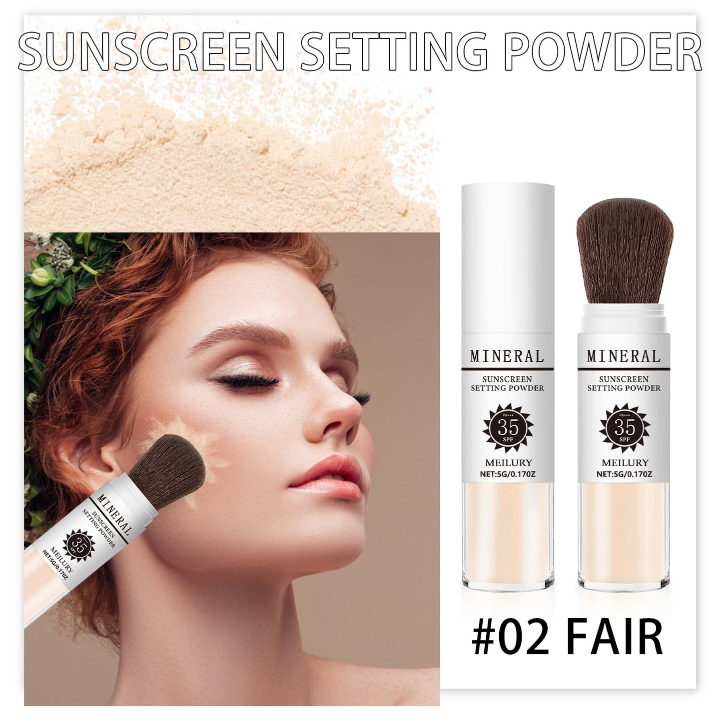 Sunscreen Setting Powder SPF 35, Mineral Brush Powder for Face & Scalp, Oil Control Natural Matte Finish Loose Powder Translucent Lasting Lightweight Breathable for All Skin (#02 Fair)-BrightBean Baby