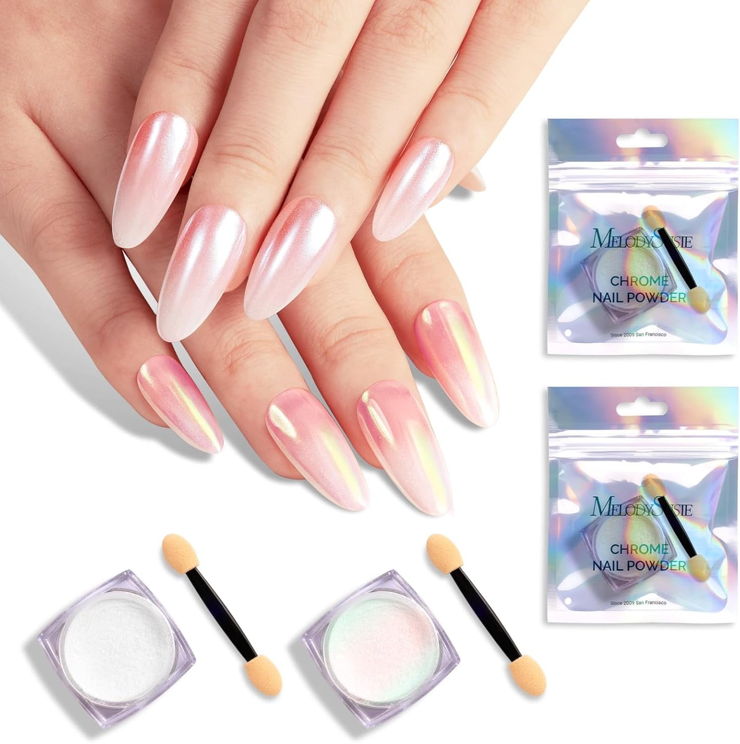 MelodySusie 2Pcs Chrome Nail Powder for Gel Nails, Pearl and Aurora Powder Mirror Effect Pigment Pearlescent Mermaid Pigment Pearl Glitter for Home DIY Salon Use-BrightBean Baby