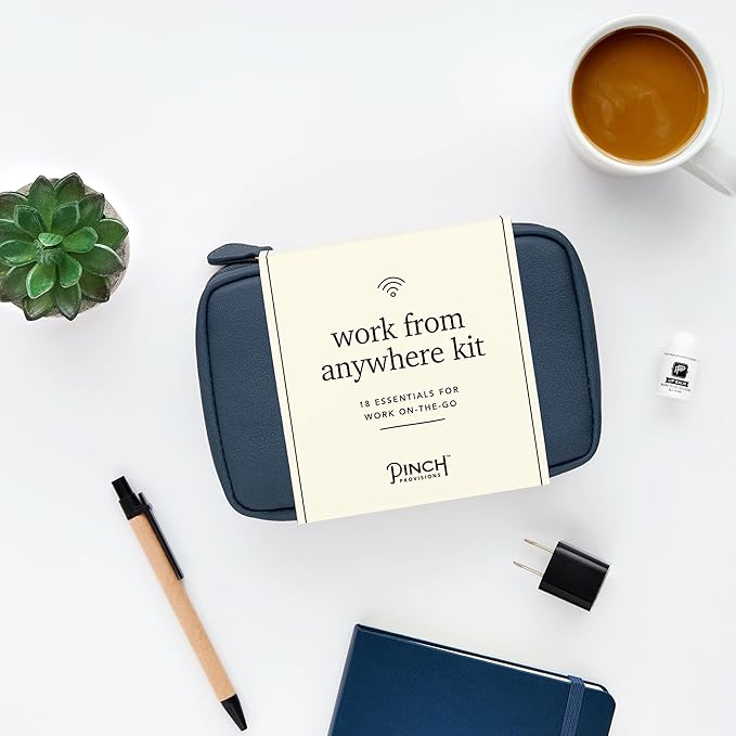 Pinch Provisions Work from Anywhere Kit, Includes 18 Essentials to Help You Stay on Task, Must-Have Essentials, Compact Multi-Functional Vegan Leather Pouch, Navy-BrightBean Baby