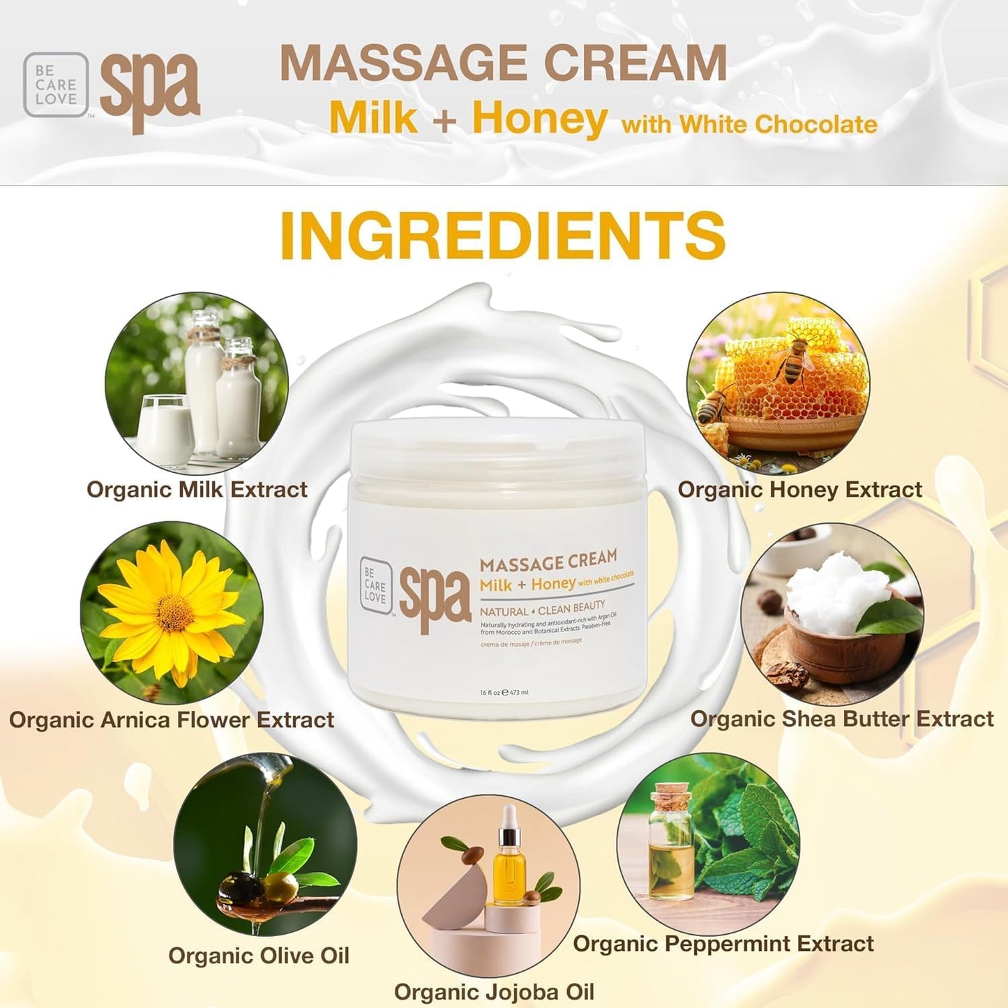 BCL SPA Massage Cream Organic Milk & Honey with White Chocolate Body Lotion, Shea Butter, Aloe Vera, Arnica, Peppermint, Kelp, Tea Tree, Olive, Argan, and Jojoba Oils, Home/Professional Use, 16 fl oz-BrightBean Baby