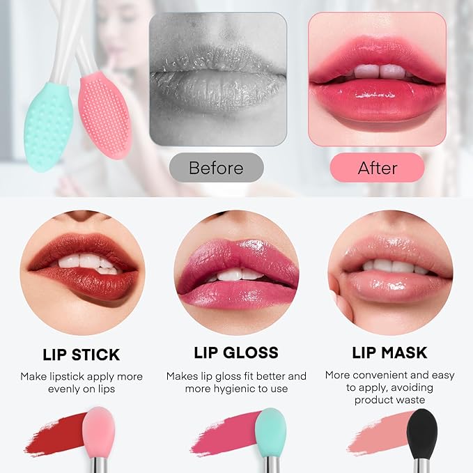 Unaone Lip Scrub Brush - 3 PCS Dual-ended Lip Scrubber Exfoliator and Silicone Lip Brush, 2-in-1 Silicone Lip Scrub Tool Lip Mask Applicator, Gentle Exfoliator & Applicator for Soft-BrightBean Baby