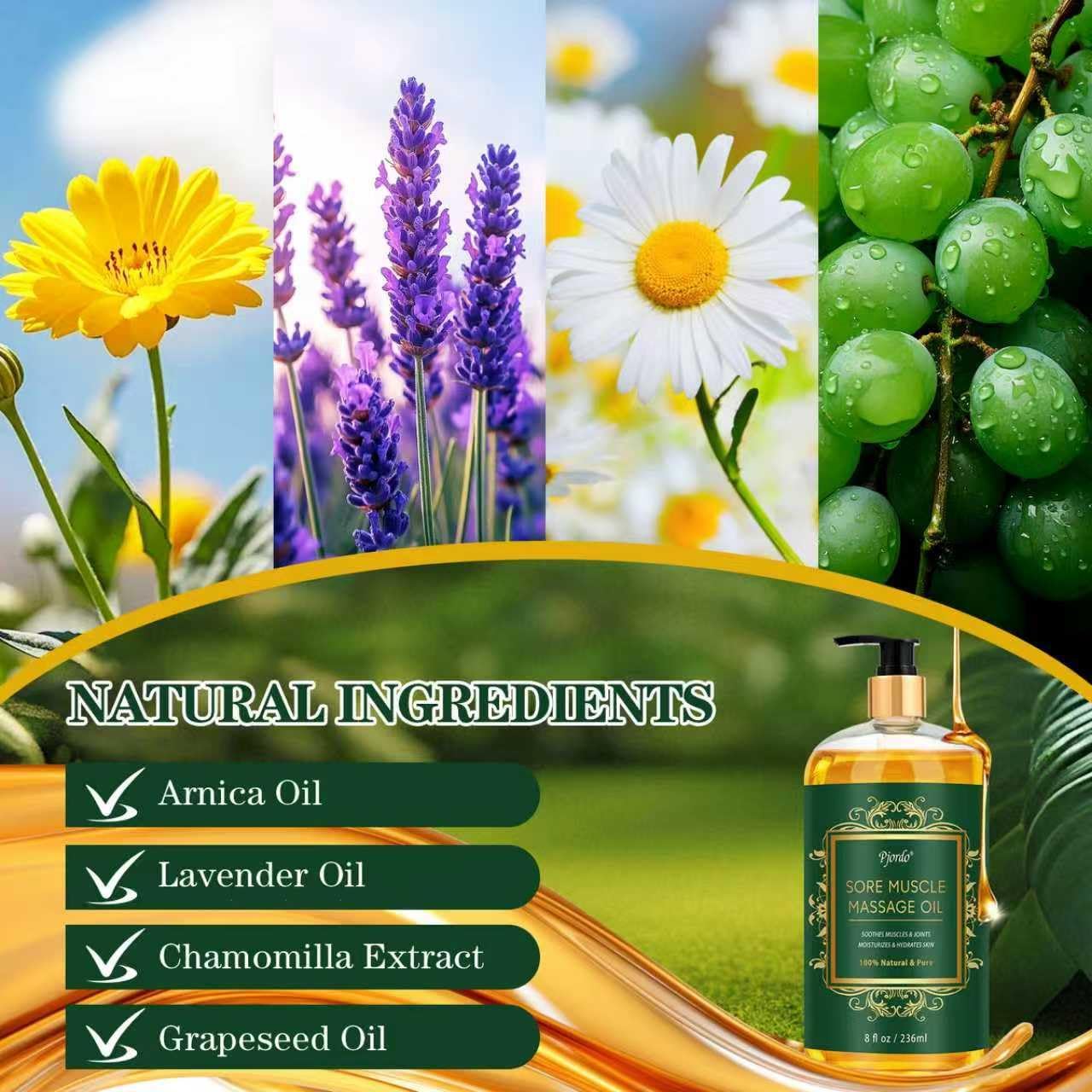 Sore Muscle Massage Oil for Massage Therapy, 8 FL OZ Natural Body Massage Oil with Lavender Oil, Arnica & Chamomile Extract, Soothes Muscle and Joint for Professional & Home Use-BrightBean Baby