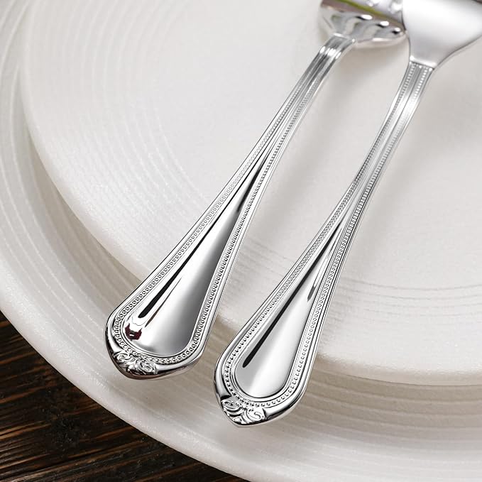 KEAWELL Pearl Edge 4-Piece Premium Spoon Set, 18/10 Stainless Steel, Fine Silverware Spoons with Refined Bead Design, Brightly Polished, Dishwasher Safe (Silver, 6.4" Teaspoons)