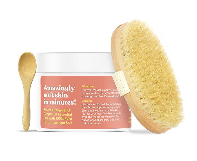 ASUTRA Dead Sea Salt Essential Oil Body Scrub Exfoliator and Dry Brush Bundle (Vitamin C), 16 oz - Ultra Hydrating, Gentle, & Moisturizing - Coconut, Sweet Orange, Grapefruit, and Lemon Oils-BrightBean Baby