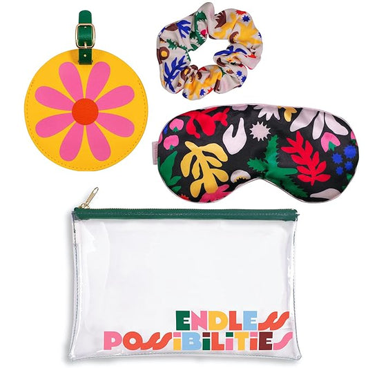ban.do Getaway Travel Accessories Set, Vacation Essentials Pack Includes Zipper Pouch, Eye Sleeping Mask, Luggage Tag, and Hair Scrunchie, Endless Possibilities-BrightBean Baby