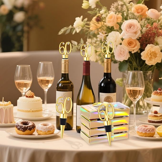 30Pcs 60th Birthday Wine Stopper Party Favors Gold Wedding Favor Wine Bottle Anniversary Wine Stopper Souvenirs for Guests Wine Bottles Stopper Decorative for Wedding Anniversary Parties(60th)