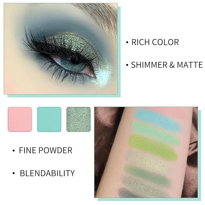 Erinde 9 Colors Eyeshadow Palette, Matte Shimmer Glitter Eye Shadow Palette Makeup, Highly Pigmented Long Lasting Waterproof, Natural Neutral Nude Eyeshadow Make Up Pallet, Blue Green-BrightBean Baby