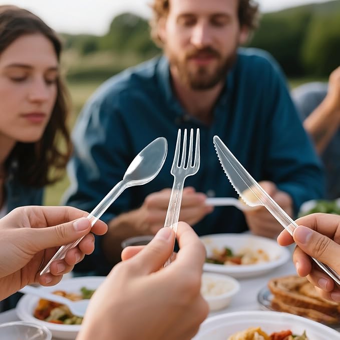 EcoDispose 350 Count Plastic Silverware, Heavy Duty Plastic 200 Forks. 100 Spoons, 50 Knives Disposable Utensils Cutlery Set for Party Supplies