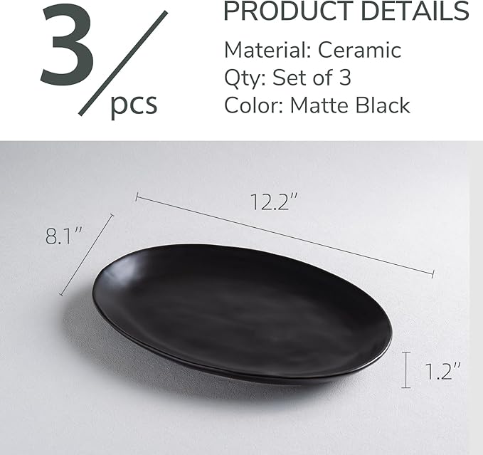 Porcelain Serving Platters, 12 Inch Large Serving Trays, Oval Serving Plates for Dessert Appetizers Meat/Entertaining/Party, Set of 3, Matte Black