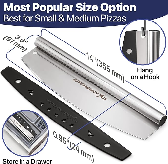 KitchenStar 14-Inch Pizza Cutter Rocker Blade - Sharp Stainless Steel Slicer Knife, Protective Cover, Dishwasher Safe, Large - Professional Pizza Oven Accessories