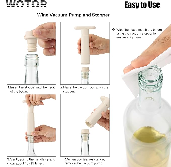 WOTOR Wine Saver Vacuum Pump with 4 Stoppers, Wine Stopper & Preserver, Reusable Bottle Sealer Keeps Fresh, Ideal Accessories Gift, Flat Handle (Cream)