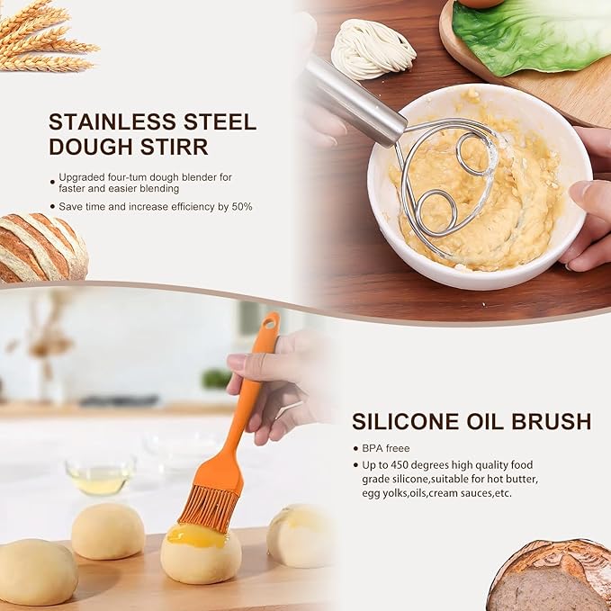 Sourdough Starter Kit, 26PCS Sourdough Bread Baking Supplies, Including a Sourdough Starter Jar (34OZ), Silicone Banneton Bread Proofing Basket Set of 2 (Silver cover, Large glass mouth)