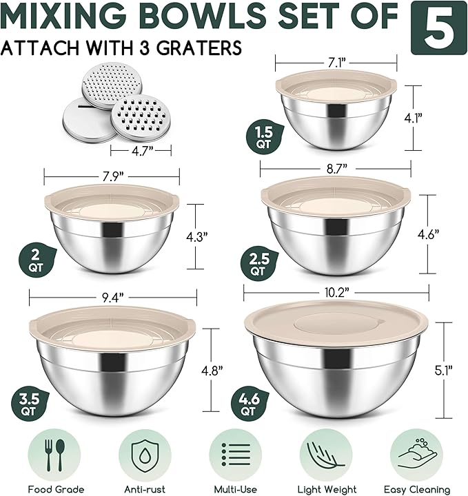 Herogo 5-Piece Mixing Bowls with Lids, 3 Grater Attachments, Stainless Steel Salad Bowls for Kitchen, Size 4.6, 3.5, 2.5, 2, 1.5QT Ideal for Baking, Prepping, Mixing and Serving, Khaki