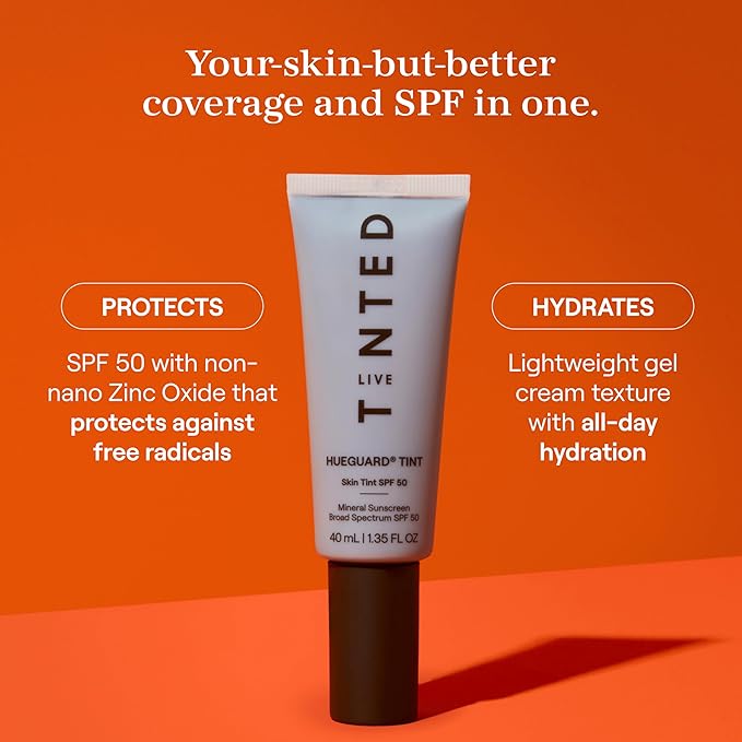 Live Tinted Hueguard Skin Tint SPF 50 - Tinted Mineral Sunscreen with Light-Medium Buildable Coverage With a Hydrating and Radiant Finish - Water and Sweat Resistant, 1.35 fl oz - Shade 01-BrightBean Baby