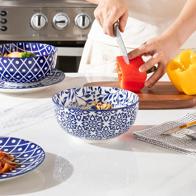 Sweejar Ceramic Cereal Bowls Set, 29 Oz Soup Bowls Microwave & Dishwasher Safe, 6.1 Inch Deep Porcelain Serving Bowls for Kitchen, Fruit, Ramen, Salad, Pasta, Set of 6(Vintage Blue)