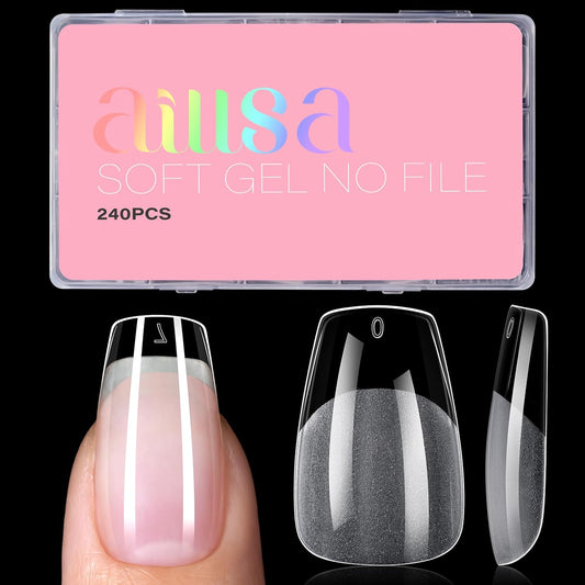 AILLSA Medium Coffin Nail Tips 240Pcs Soft Fake Nail Gel Tips Pre-Shaped Acrylic Nail Tips, Half Matte Full Cover Clear Tips False Press on for Extension Manicure Home DIY 15 Sizes Gelly Tips-BrightBean Baby
