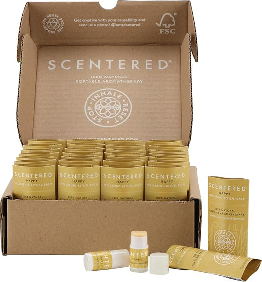 Scentered Party Favors for Wedding, Anniversary, Birthday - 30 x Mini Aromatherapy Inhaler Balm Sticks - Happy: Uplifting Essential Oils Blend - Adult Party Favors for Women & Men-BrightBean Baby